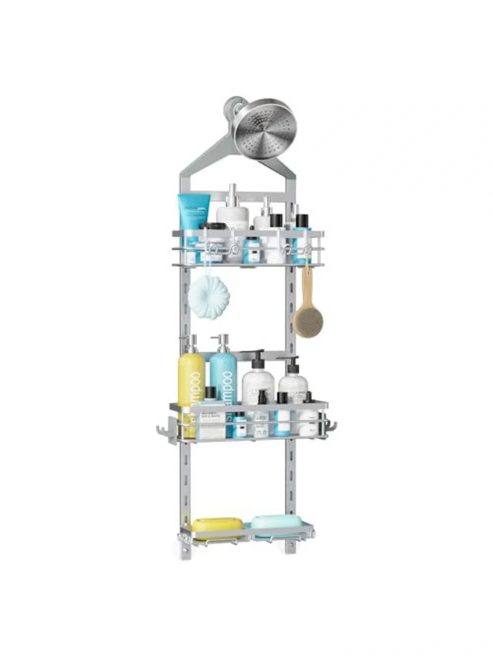 Silver Over-Shower Caddy Organizer with Blue and Yellow Accents
